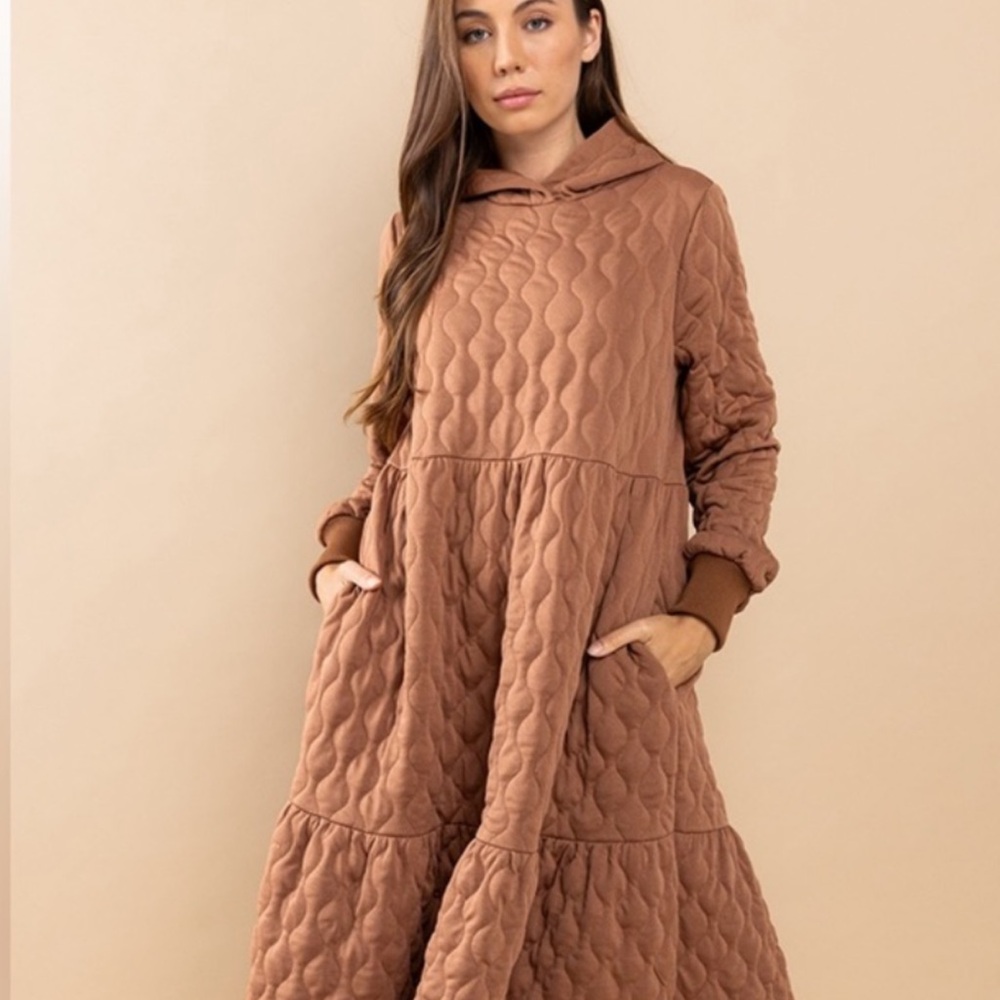 Quilted Brown Maxi Dress with Hoodie